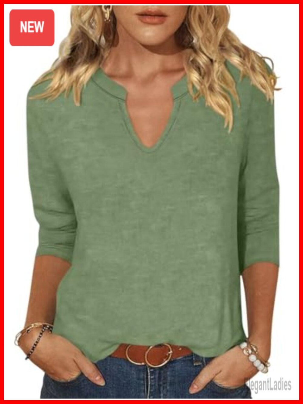Womens 3/4 Sleeve V Neck Tunic Top Loose Fit Casual T-Shirt